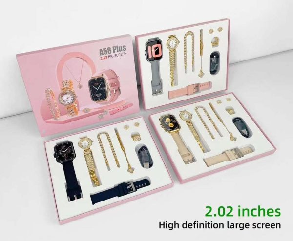 A58 Plus Smart Watch Gift Set – 8-in-1 Luxury Combo for Women | 2.02” HD Screen | Jewelry Included - Image 2