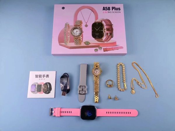 A58 Plus Smart Watch Gift Set – 8-in-1 Luxury Combo for Women | 2.02” HD Screen | Jewelry Included